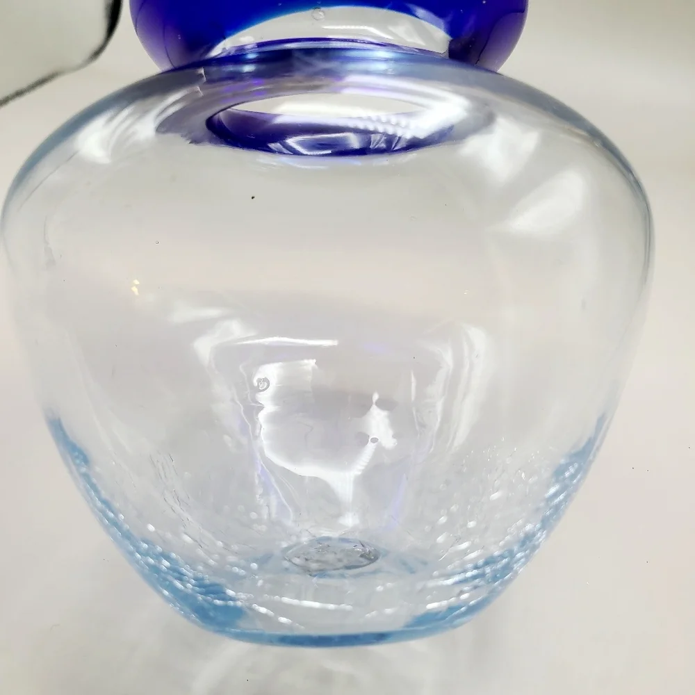 Clear Glass Vase with Cobalt Blue Rim & Handblown Crackled Bottom